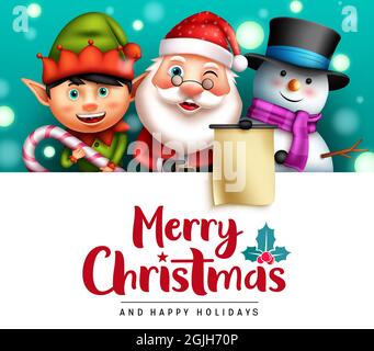 Frohe weihnachten Vektor-Vorlage Design. Frohe weihnachten Text im weißen Raum mit weihnachtsmann, Elf und Schneemann freundliche Weihnachten Zeichen für Weihnachten. Stock Vektor
