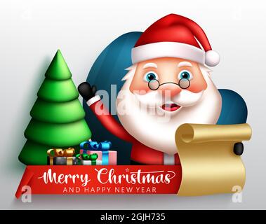 weihnachtsmann Vektor-Konzept-Design. Frohe weihnachten Grußtext mit freundlichen weihnachtsmann winken und halten Brief für Weihnachten frohe Feiertage. Stock Vektor