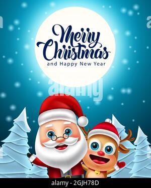 Weihnachten Zeichen Vektor-Design. Frohe weihnachten Text mit weihnachtsmann und Rentier Charakter im Winter Schnee Hintergrund für Weihnachten Weihnachtszeit. Stock Vektor
