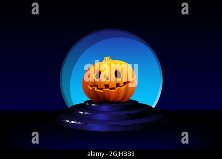 Halloween Kürbis lächelt auf dem dunklen Sockel. Herbsturlaub Grußkarte Vorlage mit gruseligen Jack auf der blauen Bühne Stock Vektor