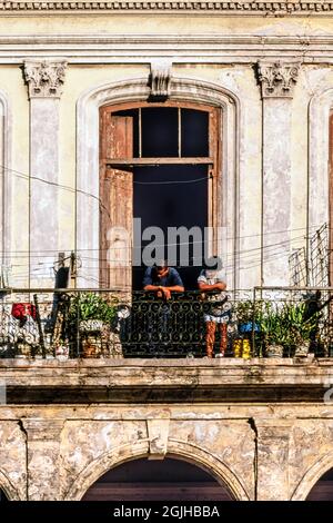 Kubanische Frau auf dem Balkon der Wohnung im Zentrum von Havanna, Kuba Stockfoto