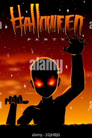 Halloween Party Poster im 80er Jahre Horrorfilm Stil mit krabbelnden Zombie oder Alien Kreatur und Neon Sonnenuntergang. Stock Vektor