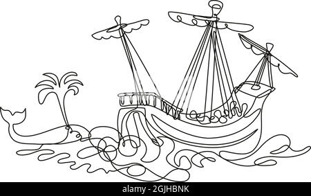 Fortlaufende Linienzeichnung Illustration einer Galeone oder eines großen Schiffes, das mit Walen segelt, im Mono-Line- oder Doodle-Stil in Schwarz und Weiß auf isoliertem Bac Stock Vektor