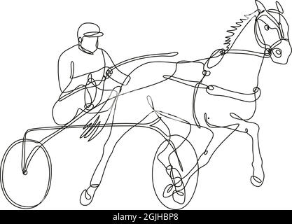 Fortlaufende Linienzeichnung Illustration eines Jockeys und eines Pferdegeschirr, das die Seitenansicht im Kreis in Mono-Linie oder im Doodle-Stil in Schwarz und Weiß zeigt Stock Vektor