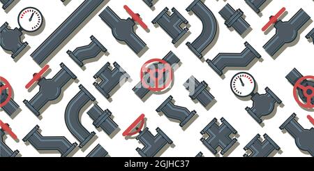 Rohrverschraubungen, Gewindebohrer, Biegungen und Fittings. Ersatzteile für Pipelines, Kanalisation, Gasleitungen und jegliche Flüssigkeitszufuhr. Isoliert auf weißem Hintergrund. Illustre Stock Vektor