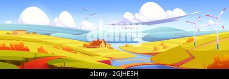 Rustikale Landschaft, Wiese, ländliches Feld mit Brücke über den Fluss, Heuhaufen und Bauernhöfe. Parallax-Effekt, Landschaft Herbst Landschaft Natur Hintergrund in gelben Farben, Cartoon-Vektor-Illustration Stock Vektor