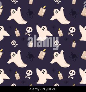 Helles, dunkles, nahtloses Muster mit Geistern, Schädeln und Kerzen auf dunklem Hintergrund. Festliche Herbstdekoration für Halloween. Urlaub Oktober Hintergrund für Papierdruck, Textil und Design Stock Vektor