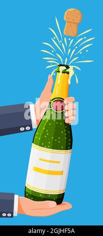 Champagnerflasche öffnet sich mit Pop und Kork fliegen. Stock Vektor