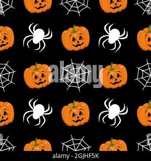 Niedliches, dunkelnahtloses Muster mit Kürbissen, Spinnweben und Spinnen. Halloween Party Dekoration. Gemüsedruck mit einem Grinsen. Festlicher Hintergrund für Papier, Textil, Urlaub und Design. Vektorgrafik. Stock Vektor