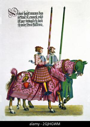 Ritter mit Pferden ziehen zum Turnier, aus dem Turnierbuch des Heiligen Römischen Kaiser Maximilian 1459-1519 von Charles Regnier nach Jacob Heinrich von Hefner Alteneck nach Originalen von Hans Burgmair dem Jüngeren. 1853, Deutsch, Deutschland. Stockfoto