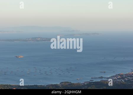 Luftaufnahme der Ria de Arosa in Galicien mit dem blauen Wasser und seinen Meeresfrüchteflößen. Stockfoto