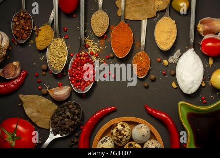 Ein Set verschiedener Kräuter und Gewürze Gewürze. Auswahl an Kräutern und Gewürzen in alten Metalllöffeln auf Holzboden. Rosmarin, Stockfoto