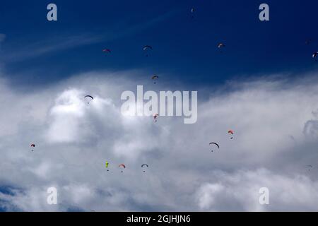 Gleitschirmflieger in der Nähe des Sellajoch, Dolomiten, Italien Stockfoto