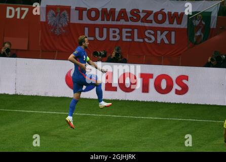 WARSCHAU, POLEN - 08. September 2021: WM 2022 Qatar Qualification Gropu Stage Polen - England, Harry Kane (England) feiert Tor Stockfoto