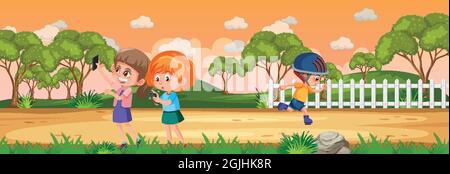 Panorama Landschaft Szene mit vielen Kindern Cartoon Figur Illustration Stock Vektor