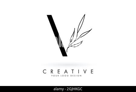 V-Letter-Logo-Design mit eleganten und schlanken Blättern Vektorgrafik. Kreative Ikone mit Buchstabe V. Stock Vektor