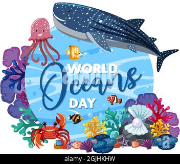 World Ocean Day Banner mit vielen verschiedenen Meerestieren Illustration Stock Vektor