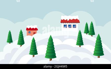 Winter verschneite Landschaft mit Häusern in den Bergen, weihnachtshintergrund mit Tannen. Vektorgrafik Stock Vektor