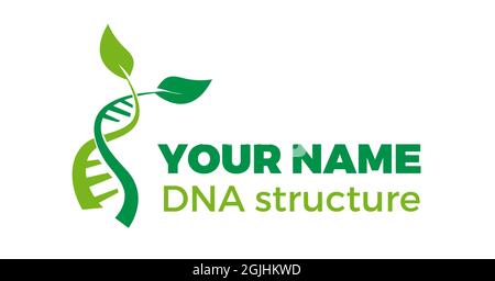 Vektor-Logo-DNA und Genetik. Biologische Forschung in der Natur. Struktur mit Pflanzen und Blättern Stock Vektor