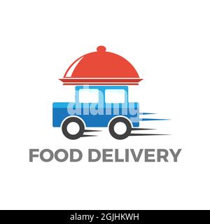 Kuppelplatte an einem fahrenden Auto. Lieferung von Lebensmitteln. Vektorlogo Stock Vektor