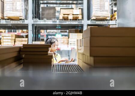 Asiatische Arbeitnehmerin in Sicherheitsweste sitzt und arbeitet mit Computer-Laptop im Lagerhaus Stockfoto