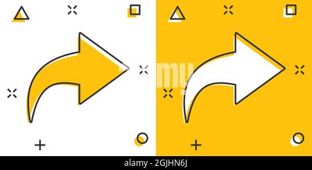 Teilen Button-Symbol im Comic-Stil. Pfeil Zeichentrickzeichen Vektor-Illustration auf weißem isolierten Hintergrund. Geschäftskonzept mit Splash-Effekt für die Datei senden. Stock Vektor