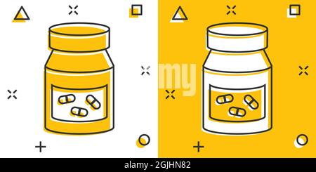 Pille Flasche Symbol im Comic-Stil. Drogen Cartoon Vektor-Illustration auf weißem isolierten Hintergrund. Pharmazie Splash-Effekt Geschäftskonzept. Stock Vektor