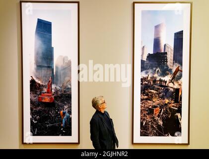 Der Fotograf und Filmemacher Wim Wenders besucht seine gleichnamige Ausstellung „Wim Wenders: Photographing Ground Zero“ im Imperial war Museum in London. Bilddatum: Freitag, 10. September 2021. Stockfoto