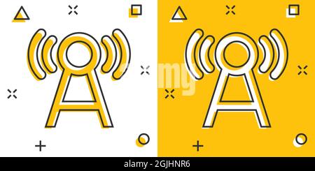 Antennenturm-Ikone im Comic-Stil. Broadcasting Cartoon Vektor-Illustration auf weißem Hintergrund isoliert. Business-Konzept mit WiFi-Splash-Effekt. Stock Vektor
