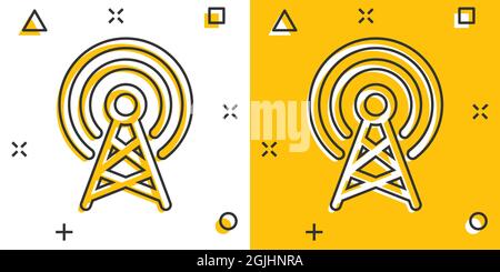 Antennenturm-Ikone im Comic-Stil. Broadcasting Cartoon Vektor-Illustration auf weißem Hintergrund isoliert. Business-Konzept mit WiFi-Splash-Effekt. Stock Vektor