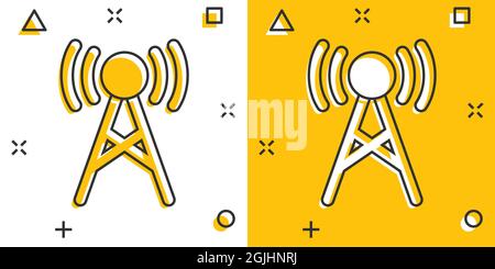 Antennenturm-Ikone im Comic-Stil. Broadcasting Cartoon Vektor-Illustration auf weißem Hintergrund isoliert. Business-Konzept mit WiFi-Splash-Effekt. Stock Vektor