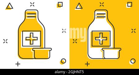 Pille Flasche Symbol im Comic-Stil. Drogen Cartoon Vektor-Illustration auf weißem isolierten Hintergrund. Pharmazie Splash-Effekt Geschäftskonzept. Stock Vektor