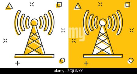 Antennenturm-Ikone im Comic-Stil. Broadcasting Cartoon Vektor-Illustration auf weißem Hintergrund isoliert. Business-Konzept mit WiFi-Splash-Effekt. Stock Vektor