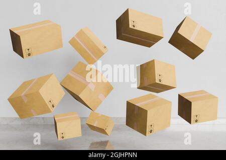 Raum voller Pappverpackungen, die in der Luft schweben. 3d-Rendering Stockfoto