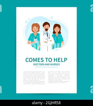Poster oder Banner mit Gruppe von Ärzten, medizinisches Zentrum. Kommt, um Ärzten und Krankenschwestern zu helfen. Stock Vektor