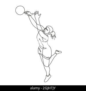 Netball-Spieler prallt ab und fängt die kontinuierliche Linienzeichnung des Balls ein Stockfoto
