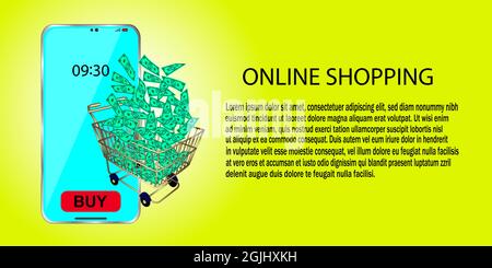 Smartphone und Warenkorb. Banner zum Online-Shopping. Vektorgrafik. Stock Vektor