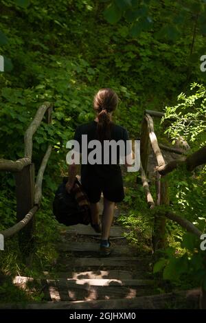 Mann, der die Treppe im Wald hinuntergeht | Rückansicht Foto von oben von einer Person, die die Treppe im Wald hinuntergeht Stockfoto