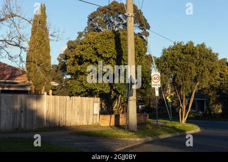 Schild mit Geschwindigkeitsbegrenzung auf der Vorstadtstraße. Stockfoto