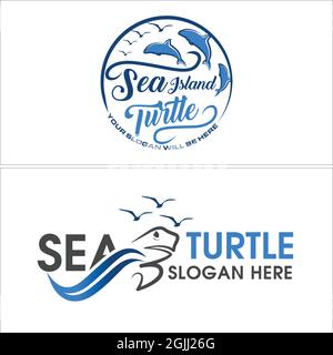 Tier Meer Tierwelt Delphin Schildkröte und Vogel Logo Design Stock Vektor