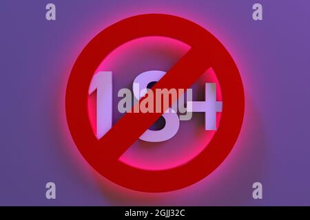 3d-Illustration eines rot leuchtenden 18 Jahre Altersbeschränkung-Zeichens auf einem violetten Hintergrund. Unter 18 ist verboten Zeichen. Zahl achtzehn in einem roten Kreis wi Stockfoto