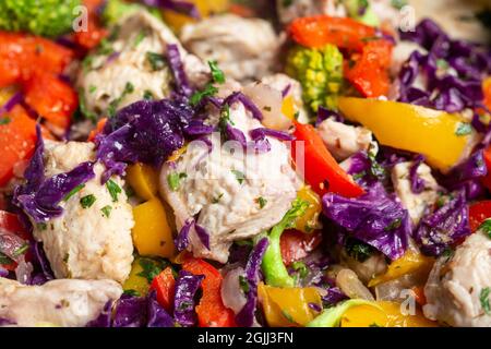 Nahaufnahme von gekochtem putenfleisch und Gemüsesorten - kulinarische Kunst - gesundes hausgemachtes Essen Stockfoto