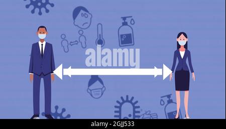Geschäftsmann und Geschäftsfrau tragen Maskensymbole, die soziale Distanz zu Coronavirus-Symbolen bewahren Stockfoto