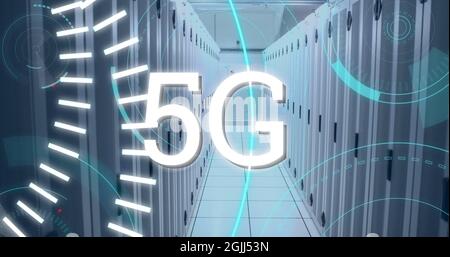 5G geschrieben in der Mitte eines futuristischen Kreisen 4k Stockfoto