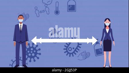 Geschäftsmann und Geschäftsfrau tragen Maskensymbole, die soziale Distanz zu Coronavirus-Symbolen bewahren Stockfoto