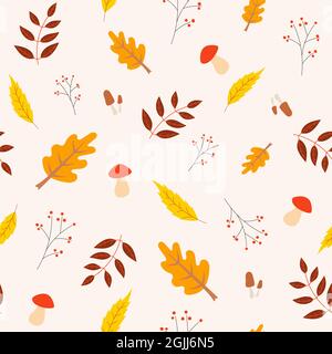 Nahtloses Herbstmuster mit Blättern, Pilzen, Zweigen und Beeren. Hintergrund für Textil, Buchcover, Tapeten, Design, Grafik, Drucken Stock Vektor