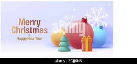 Frohe Weihnachten und glückliches Neujahr Poster mit großen 3d-Rendering weihnachtskugeln, Geschenkbox und Baum mit Schneeflocken auf dem Hintergrund und goldenen Volumen le Stock Vektor