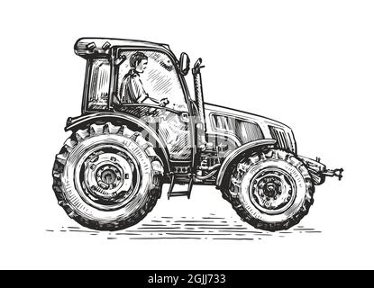 Landwirt, der am Traktor arbeitet. Bauernhof, Landwirtschaft Vektor-Konzept. Handgezeichnete Skizze im Vintage-Grafikstil Stock Vektor
