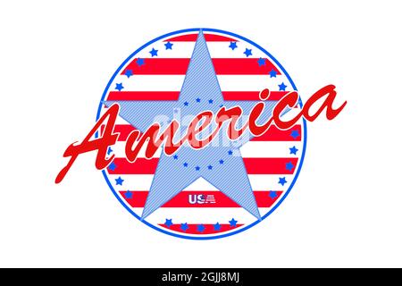 Logo mit dem Wort Amerika im amerikanischen Stil in den Farben der USA-Flagge auf weißem Hintergrund Stockfoto