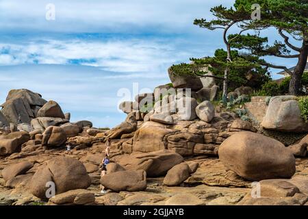 Die Felsen der rosa Granitküste Côte de Granit Rose bei Ploumanac'h, Perros-Guirec, Bretagne, Frankreich | Felsformationen des Côte de Granit ro Stockfoto